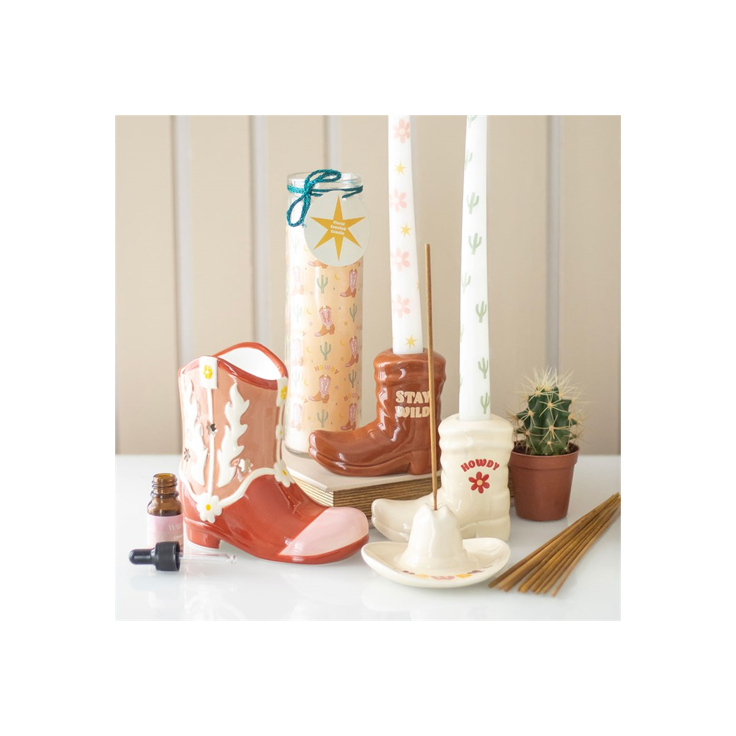 White Cowboy Boot Candle Holder with Taper Candle