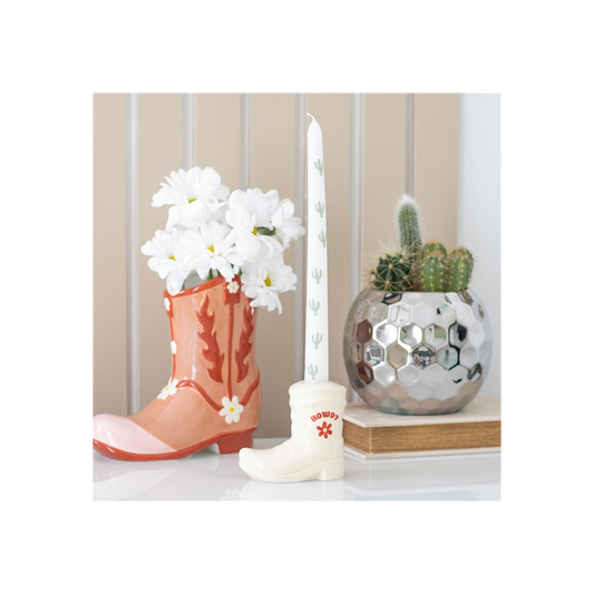White Cowboy Boot Candle Holder with Taper Candle
