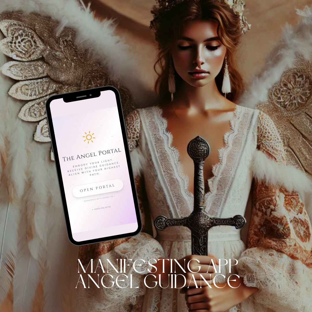 Woman with angel wings holding a sword and a phone displaying 'The Angel Portal' app.