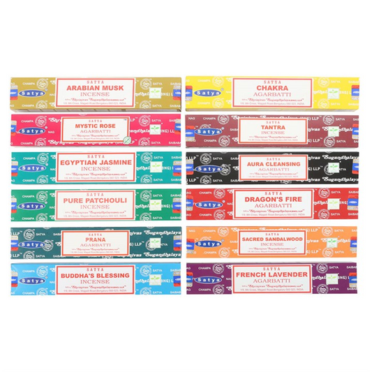 Assorted Fragrance Incense Sticks by Satya (Box of 12 individual packs)